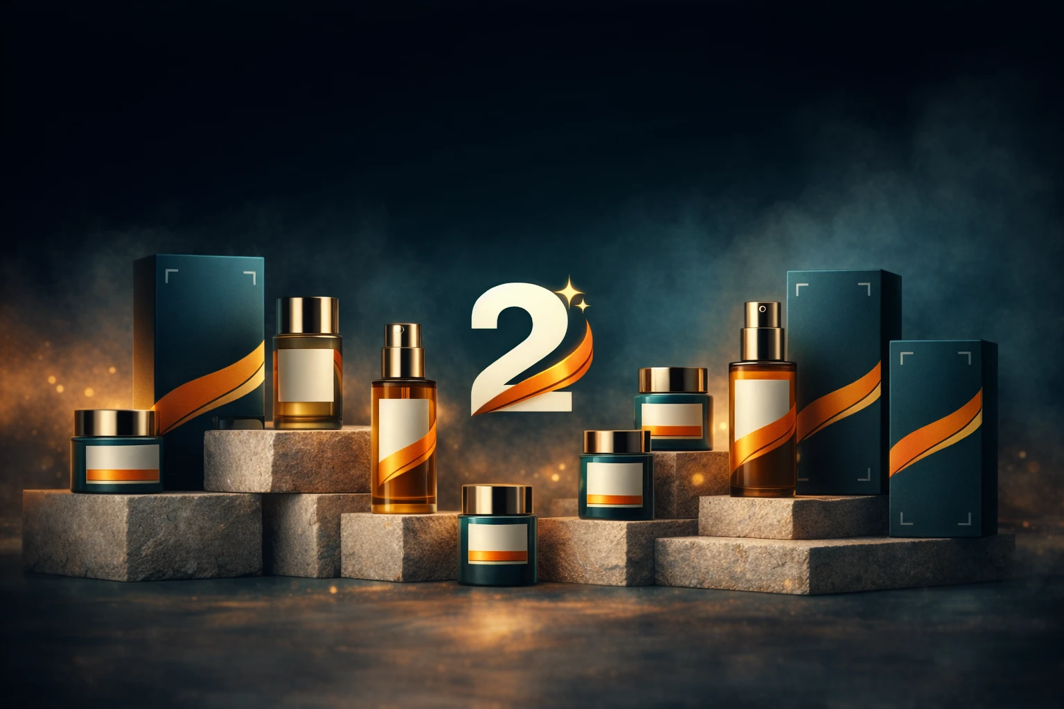 Image 2 packaging lineup with brand-consistent bottles and boxes in a cinematic studio setup