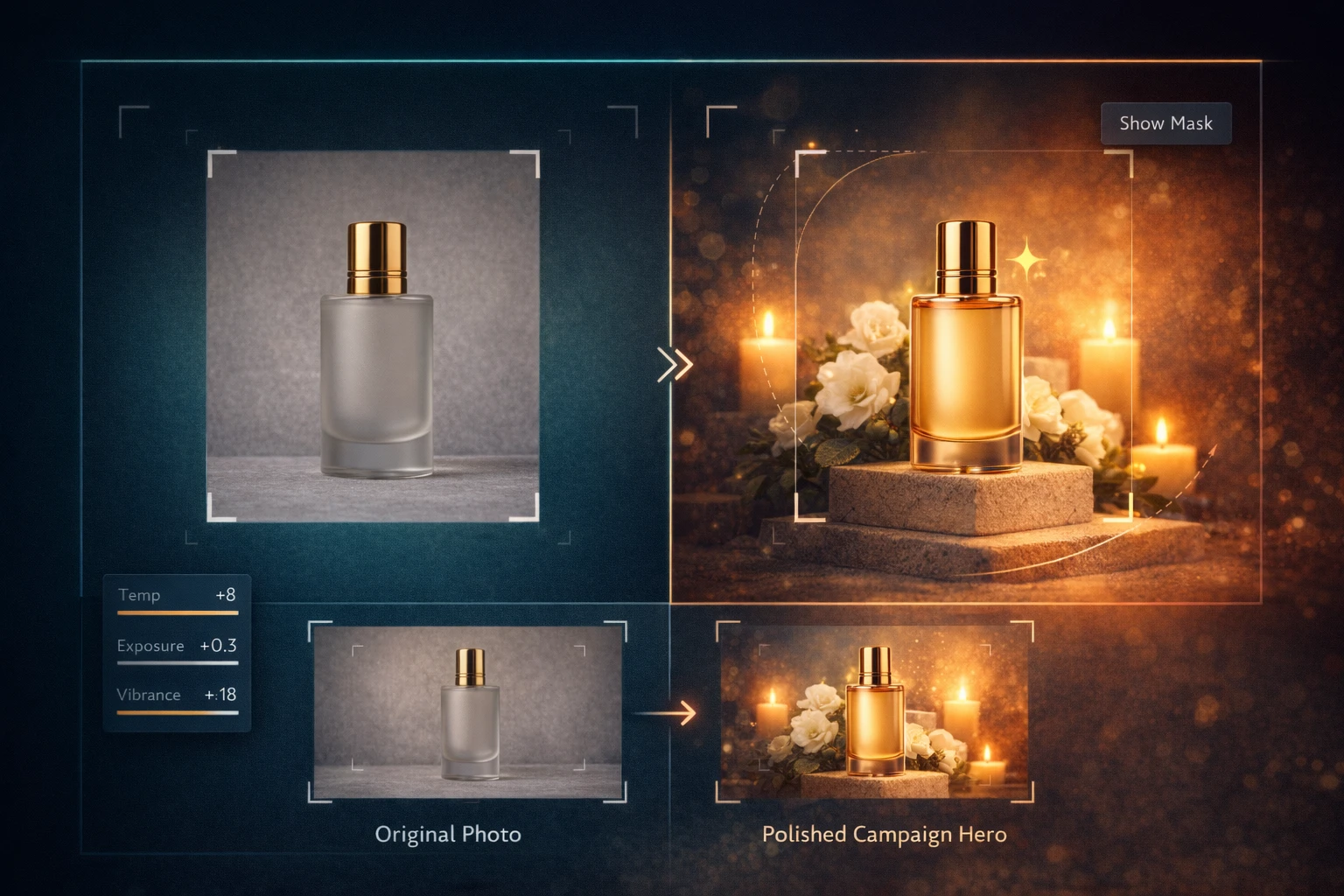 Image 2 before-and-after product editing workflow from rough source photo to polished campaign visual